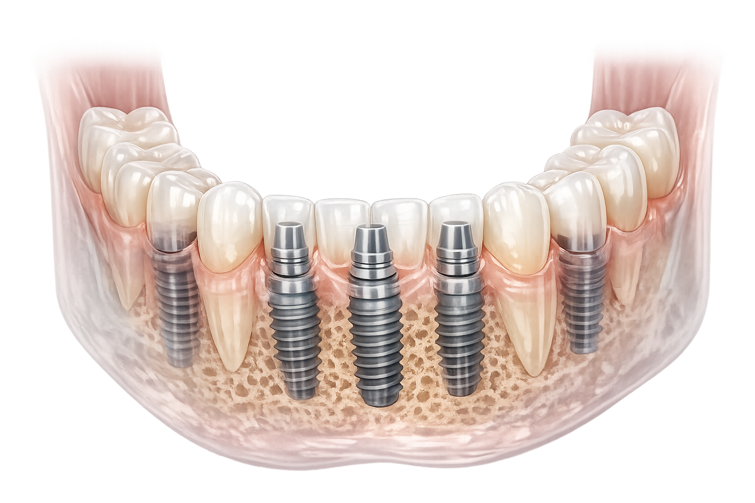 Illustration of four implants supporting a lower-jaw fixed bridge